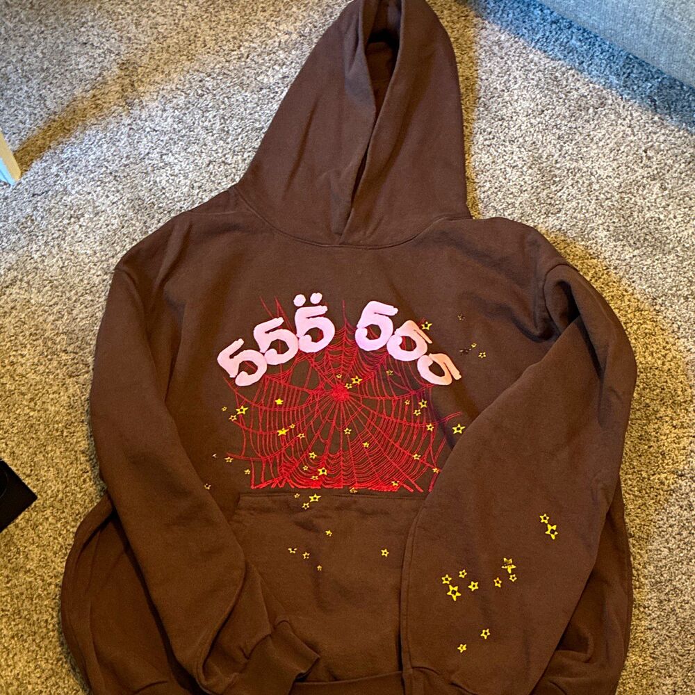 sp5der 555 555 Brown men’s XL Pullover Hoodie Fleece Cotton Pocket